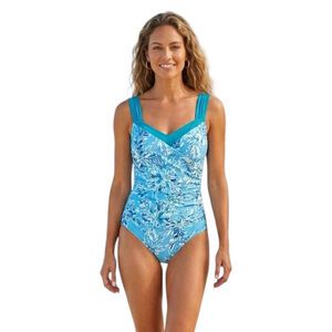 Blue Floral One Piece Swimsuit Tummy Control Ruched V Neck S NWOT
